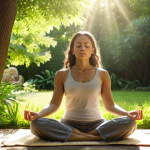 A serene woman meditating outdoors in a lush garden, sunlight filtering through the trees, emphasizing relaxation and mindfulness techniques for stress reduction. Focus on peacefulness and well-being.