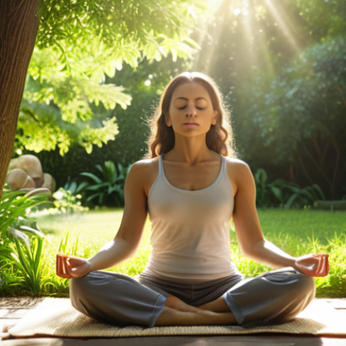 Home 4 A serene woman meditating outdoors in a lush garden, sunlight filtering through the trees, emphasizing relaxation and mindfulness techniques for stress reduction. Focus on peacefulness and well-being.