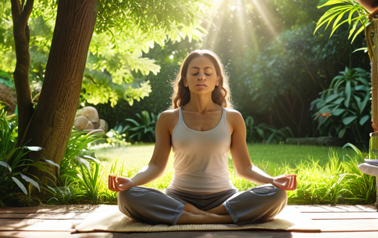 A serene woman meditating outdoors in a lush garden, sunlight filtering through the trees, emphasizing relaxation and mindfulness techniques for stress reduction. Focus on peacefulness and well-being.