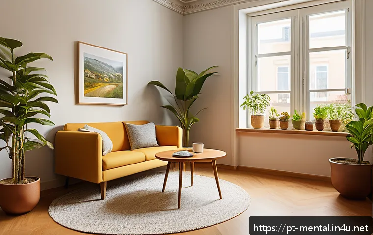 정신건강 전문가 업무 노하우 - A warm, inviting therapy room with soft natural lighting, comfortable seating arranged in a circle t...