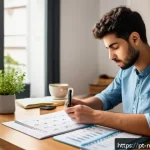 Home 22 정신건강 자격증 시험 공부 방법 - A focused young adult studying at a modern home desk in a bright, cozy room with natural morning lig...
